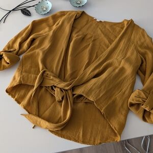 Day To Day Blu Pepper Mustard Wrap Tie Front Blouse Medium Boho